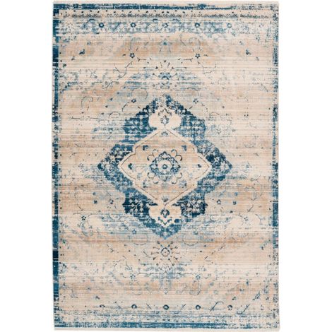 Tapis Vintage à Franges "Baroque V" Crème & Bleu 80 x 150 cm (1/4)