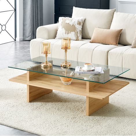 Table basse en MDF finition bois et verre trempé, 2 niveaux, coloris bois (1/5)