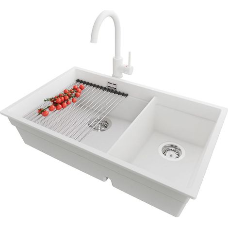 PRIMAGRAN Evier Cuisine en Granit 76x47cm, Lavabo 2 bacs + Kit de Vidage + Accessoire, Évier à Encastrer au meuble 80cm - Prague Slim Duo, Blanc