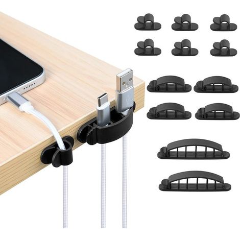Cable Clips Desk Organizer, 12 Pieces Cable Holder, Cord Organizer, Cable Management, Cable Tidy for Charger/Mouse/Headphone/Phone Cables (Black) (1/5)