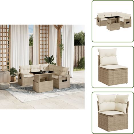 Salon de jardin avec coussins 6 pcs beige résine tressée - Ensemble Salon De Jardin - Meuble Extérieur - Jardin Design - Mobilier Résistant Aux Intempéries - Chaise Longue Pliable (1/5)