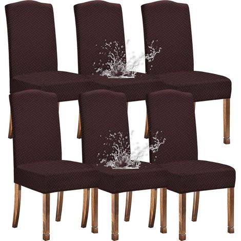 Esszimmerstuhlhussen 6er Set, wasserdicht, Jacquard, Gittermuster, Kaffee (1/5)