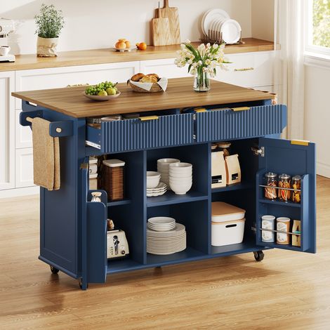 Modernluxe - Îlot central de cuisine - table à manger pliable - avec 2 portes et 2 tiroirs - porte-condiments et porte-serviettes - Bleu (1/5)