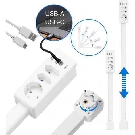 Multiprise - 7 en 1 Multiprises - 3 Prises - 4 Ports USB - 47-67 cm Extensible- Protection Contre Les Surtensions - Pivotant à 360° (1/4)