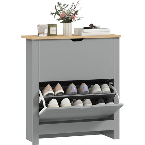 Narrow Slim Shoe Cabinet with Adjustable Shelves and 2 Flip Drawers for 12 Pairs of Shoes in Light Grey