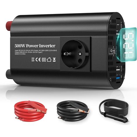 Convertisseur de voiture 500 W (12 V vers 220 V) : Équipé d’une prise secteur, d’une interface USB-C 30 W, d’une interface USB à charge rapide 25 W, de 3 ports USB et d’un affichage LED.(NOIR) (1/5)