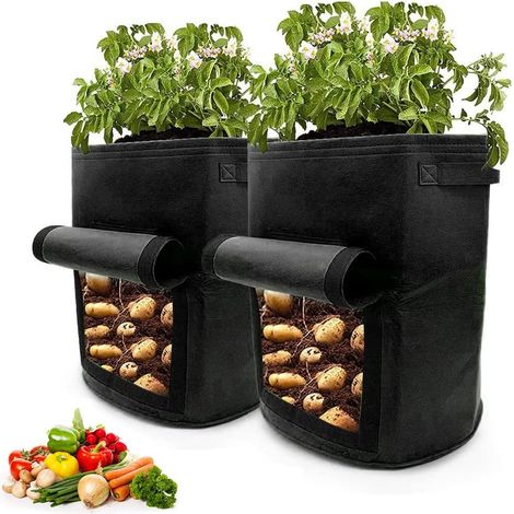 2 Sacs de Culture de Pommes de Terre, 10 Gallon Sac de Plantation Jardin Tissu Non tissé avec Poignées Fenêtre Sac à Plantes pour Patate Fraise Tomate Fleur Patios Jardin Balcons(Noir)