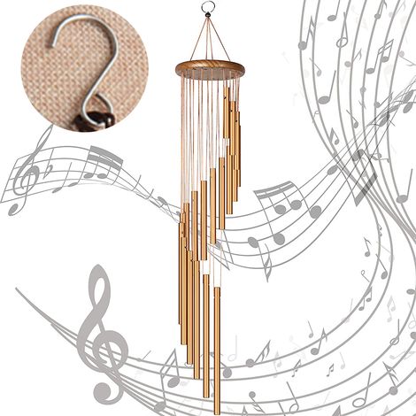 Carillon éolien d'extérieur, carillon commémoratif de 90 cm avec crochets, 18 tubes en alliage d'aluminium avec motif bois, cadeau pour la décoration du jardin et de la maison, doré