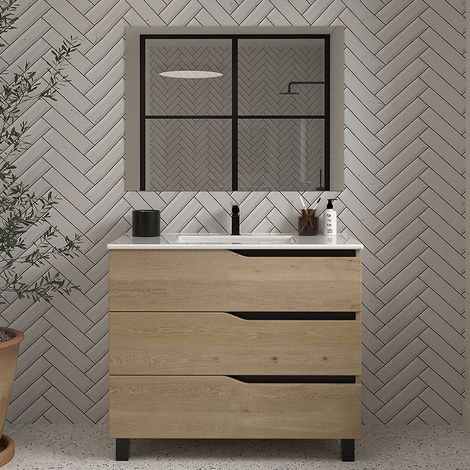 Meuble sous vasque seul, 3 tiroirs, 90cm, pour simple vasque - madera miel (chêne clair) - MATA