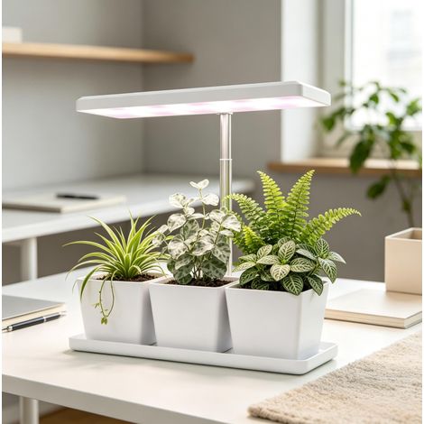 Lámpara de cultivo LED 10 W de espectro completo con 3 macetas blanca OKMYHOME (1/5)