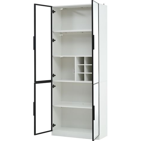 Vitrine en bois mélaminé blanc avec 5 étagères, portes en verre avec cadre aluminium, éclairage LED contrôlé via appli, 80x35x200 cm (1/5)