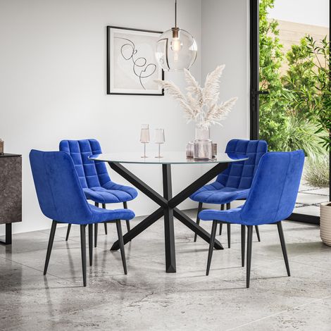 Malvern Round Dining Table And Chairs -  Clear Glass Table Top w Solid Black Oak Legs + Nova Velvet Dining Chair Set Of 4 (Blue) (1/5)
