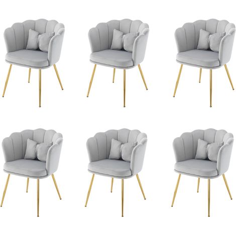 Silla de terciopelo gris lote de 6, silla acolchada con respaldo de pétalos, patas de metal chapado en oro y cojín mariposa (1/5)