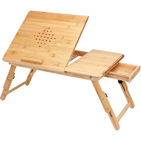 Table d’Ordinateur en Bambou 55 x 35 cm Pieds réglables en Hauteur Pliable inclinable avec tiroir et Trous de Ventilation Peu encombrante Table de lit (1/5)