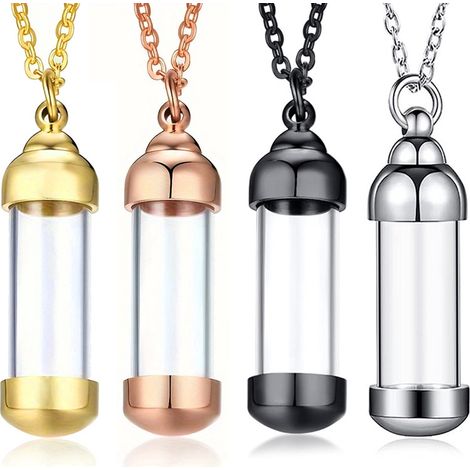 Ensemble de quatre urnes funéraires cylindriques transparentes avec chaîne et pendentif de rangement à visser. Convient pour conserver des souvenirs personnels tels que des poils d'animaux, des dents (1/4)