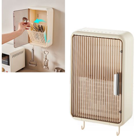 Porte-baguettes mural, organisateur de baguettes avec couvercle, égouttoir et anti-poussière, couleur crème. (1/5)