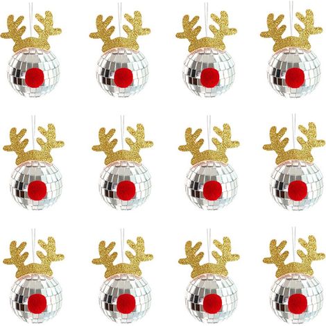 (12 Stück + 0,2 Yuan) 12 verspiegelte Rentiergeweih-Weihnachtskugeln, Weihnachtsbaumschmuck, 5 cm (1/2)