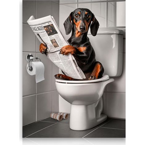 Affiche Murale Chien Drôle, Tableau Toile Teckel Mignon Lisant Le Journal Sur Les Toilettes Pour Salle de Bain 30x40 Cm Sans Cadre (1/5)