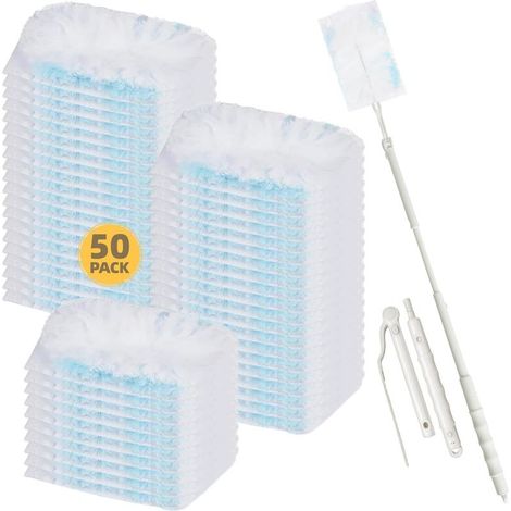 51 Pièces Plumeau Poussiere Recharge Kit Compatible avec Swiffer Duster, Swiffer Duster Nettoyage Recharge, pour Cheveux, Poussière, Saleté (50 Recharges + 1 Poignée Télescopique) (1/5)