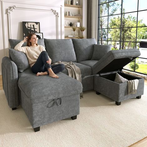 Divano angolare multifunzionale, divano imbottito a tre posti a forma di U con funzione contenitore – con cassetti + pouf con vano contenitore, set di divani modulari con funzione letto, rivestimento 