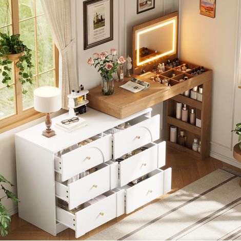 Tavolo da trucco girevole con specchio a LED, scrivania 2 in 1, 7 cassetti, 105x40x80 cm, bianco e legno naturale (1/5)