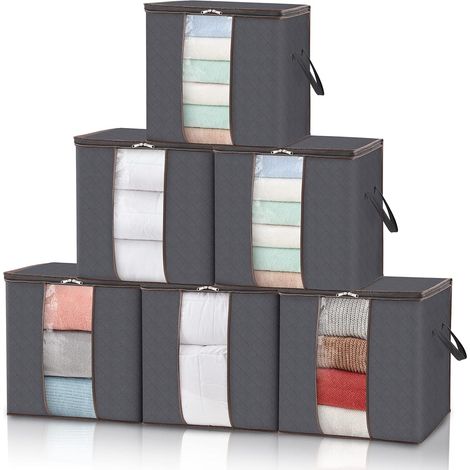 Sac de Rangement Vetement, Boite Rangement Pliable, Rangement Sous Lit, Housse Rangement Couette pour Vêtements, Couvertures, Demenagement, Gris, 100 L, Lot de 6