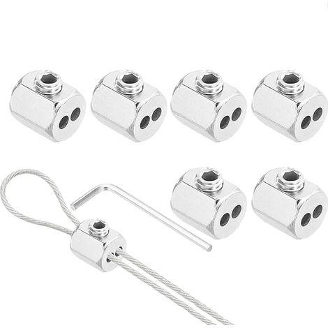 Lot de 6 Serre-câbles en Acier Inoxydable 304, Clips de Corde à Trou Double pour Câble Acier 2.5mm, Fixation Robuste pour Corde à Linge et Grillage, Argent (1/5)