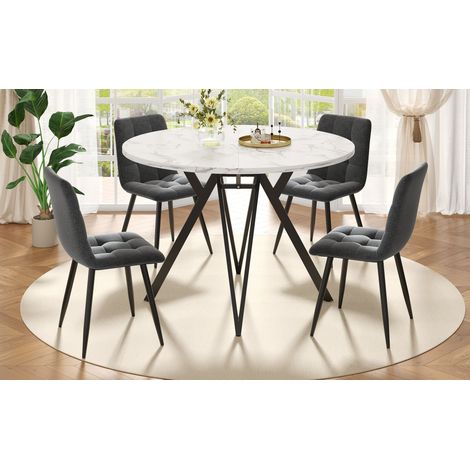 Ensemble table à manger ronde 5 pièces 100 cm diamètre pieds métal noir plateau marbre MDF,chaises en lin gris-Ha. (1/5)