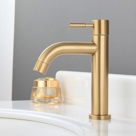Rubinetto per lavabo singolo Tigrezy, rubinetto per lavabo da appoggio in acciaio inox, interfaccia a 4 punti, rubinetto per lavabo PVD
