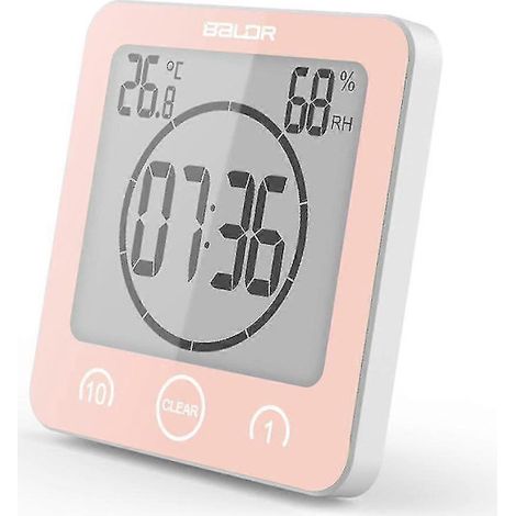 Horloge de salle de bain, minuteur de douche numérique, horloge de cuisine étanche avec thermomètre et hygromètre pour la douche, la cuisine et le maquillage (rose) (1/4)