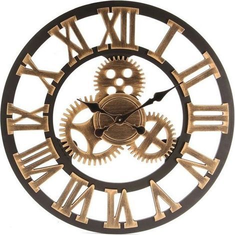 (Doré)Horloge Murale 3D Vintage Gear Grand - Bois - Décor or - 60 cm (1/2)