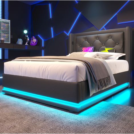 MEUBLIV Cama 90x200 cm negra – almacenaje hidráulico LED, con colchón (1/5)