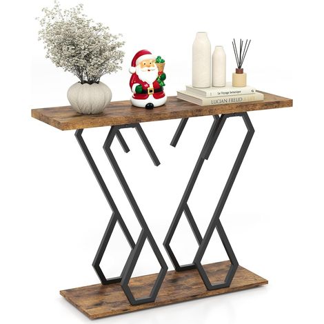 Table Console Effet Marbre, Table d'Entrée à 2 Niveaux, Table de Couloir avec Cadre Papillon, Table Décorative Étroite pour Salon et Couloir, 100 x 30 x 79 cm, Doré (Style 1, Marron) (1/5)