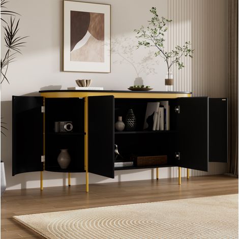 Ovales Sideboard aus MDF mit 4 Türen und Eisenfüßen 140 x 38 x 80 cm Schwarz OKWISH (1/5)