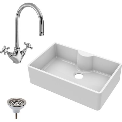 Fireclay 795mm 1 Bowl Butler Kitchen Sink - Tap Ledge with Mono Mixer Tap & Waste - Ceramic Kitchen Sink & Tap (1/5)