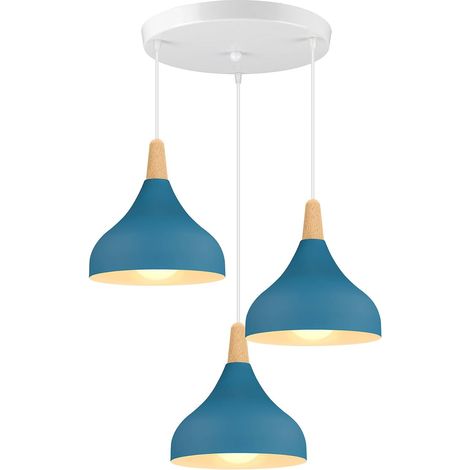 Pendelleuchten Retro-Beleuchtungskörper, E27, moderne Pendelleuchte, Tropfen-Stil, Hut-Deckenleuchte, Metall-Holz-Deckenleuchte, Ø 20 cm, Oxford-Blau