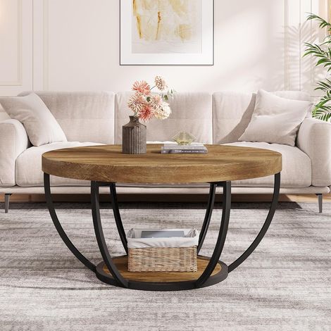 Tribesigns Runde Couchtisch, Industrial 2-Tier-Kreis Couchtisch mit Lagerung Regale, Moderne hölzerne Akzent Mitte Tisch Sofa Beistelltisch für Wohnzimmer, Home Office (1/5)