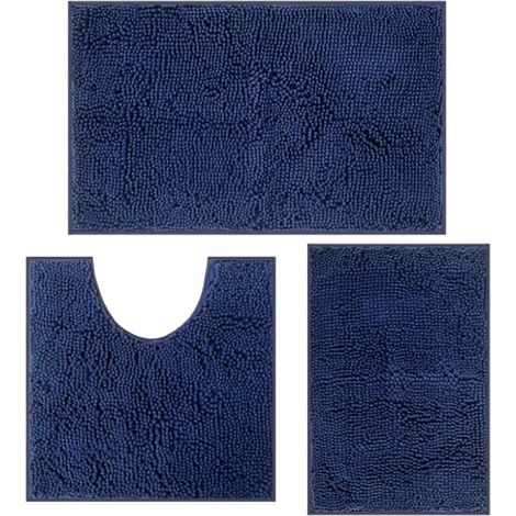 Lot de 3 tapis de bain antidérapants et lavables pour la salle de bain, combinaison de douche, baignoire, décoration WC (bleu foncé) (1/5)