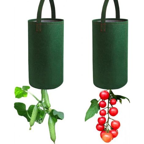 Sacs de plantation - Jardinière à tomates inversée - Lot de 2 - Système de suspension en feutre - Pour balcon et serre - Vert (1/5)