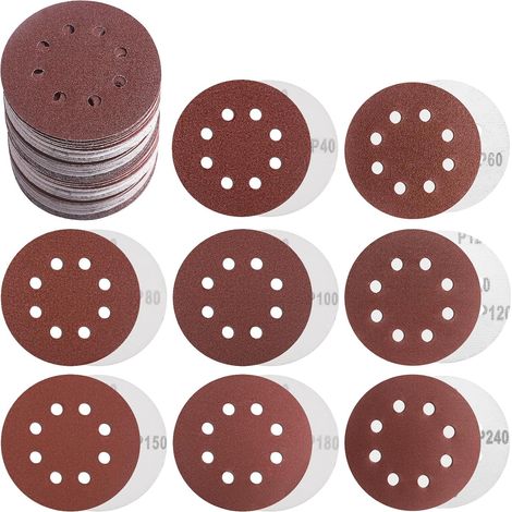 Disque Abrasif 125mm, 80 Pièces Grain 40/60/80/100/120/150/180/240, Disques de Ponçage 8 Trous pour Ponceuse Excentrique Poncer/Polir/Dérouiller, sur Bois Métal Peinture (1/5)