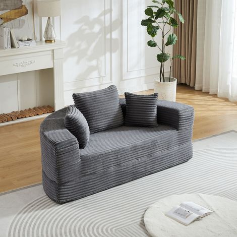 Canapé convertible 2-en-1 demi-rond et lit banquette rond avec poche de rangement, velours côtelé gris,