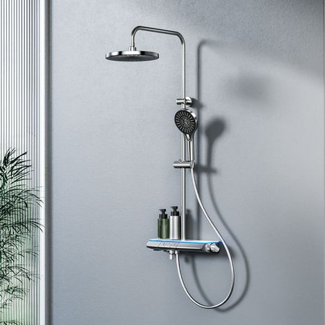 EMKE Duschsystem mit Thermostat Chrom mit LED-Beleuchtung Regendusche mit 3 Strahlarten Handbrause + Regendusche mit Armatur + Bodennaher Wasserstrahl (1/5)