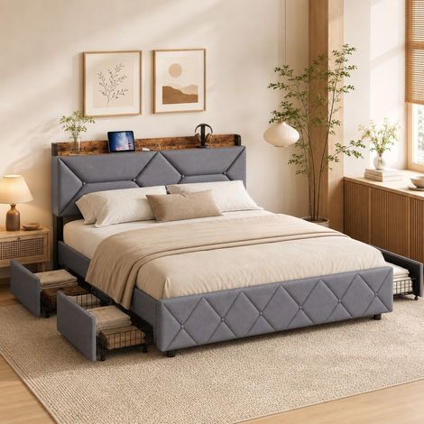 Lit 160x200 cm gris tissu rembourré avec 4 tiroirs, tête de lit USB et étagère cachée extensible, cadre métal robuste sommier à lattes, design moderne intérieur (1/5)