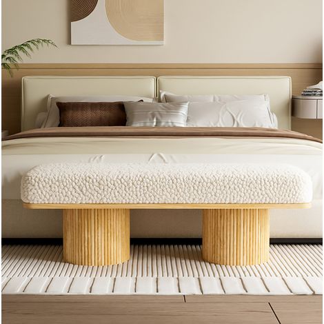 Banc capitonné Teddy 122 cm avec base en bois, ottoman crème pour entrée et chambre REDOM (1/5)