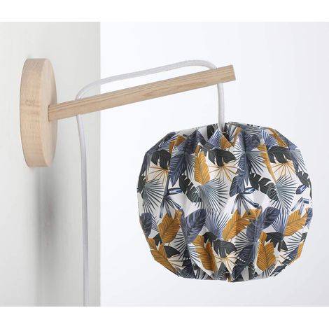 Applique, Luminaire en Bois, Abat-Jour Boule Papier avec Motif Chic Bleus, pour Salon, Chambre, Couloir, Hauteur 25 cm, Ampoule LED 2W (Non Fournie) (1/4)