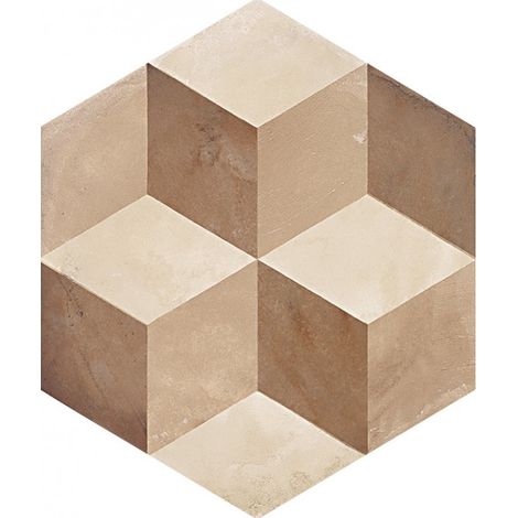 Carrelage sol / mur hexagonal effet ciment motif cube géométrique 25x21,6 cm TERRA CUBO HEXAGONAL BEIGE (vendu par boite de 1,17m2) (1/3)