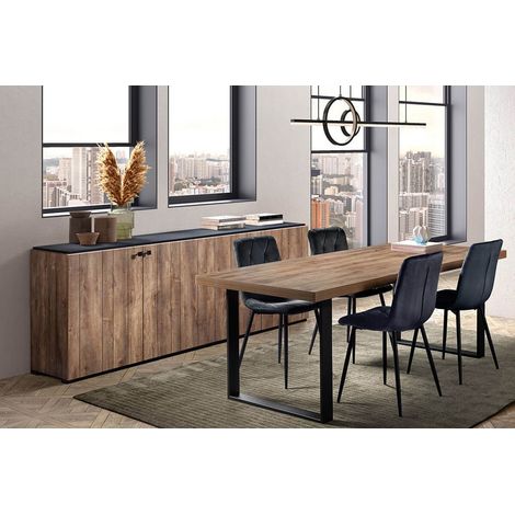 GLESS - Ensemble Séjour Buffet et Table 200cm Aspect Bois Finition Denver Piètement U Métal Noir (1/5)