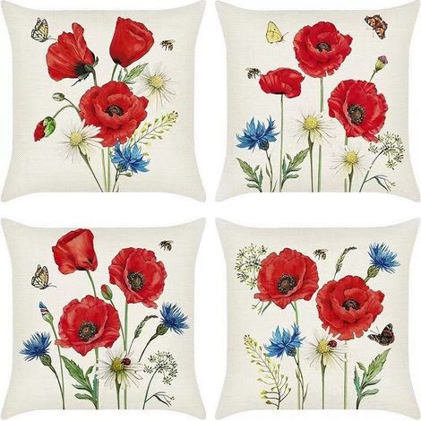 Housse de Coussin Fleur de Coquelicot, 45x45 cm, Rouge, Décoration Moderne pour Canapé, Salon, Chambre