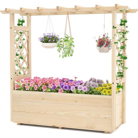 GOPLUS Jardinière Surélevée avec Treillis en Bois Massif, Toit Suspendu pour Vigne, Trou de Drainage pour Légumes, Fruits, Fleurs, Extérieur/Intérieur (115x40x103cm) (1/5)