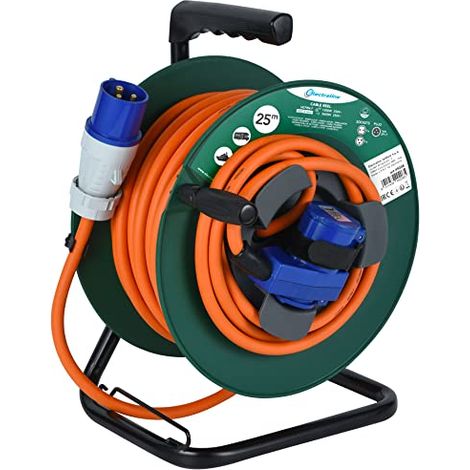 Electraline 49208 Prolunga in gomma con Avvolgicavo 25M per camper, campeggio, caravan, IP44, 2 prese (industriale+Schuko), Spina CEE, Cavo H07RN-F 3G2.5mm, 25M, Camping, Verde (1/4)